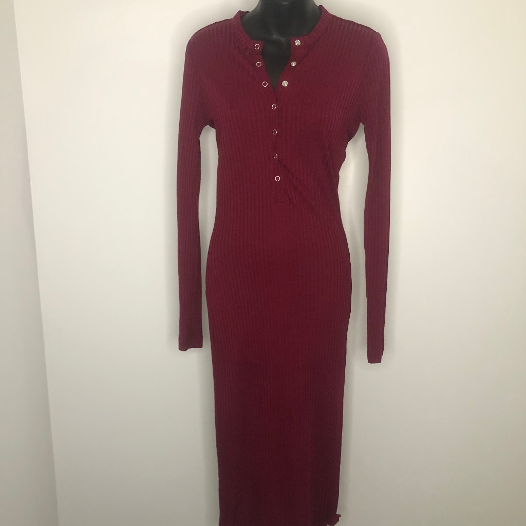 Fleur Du Mal Raspberry Red Ribbed Long Sleeve Snap Button Dress Size Medium